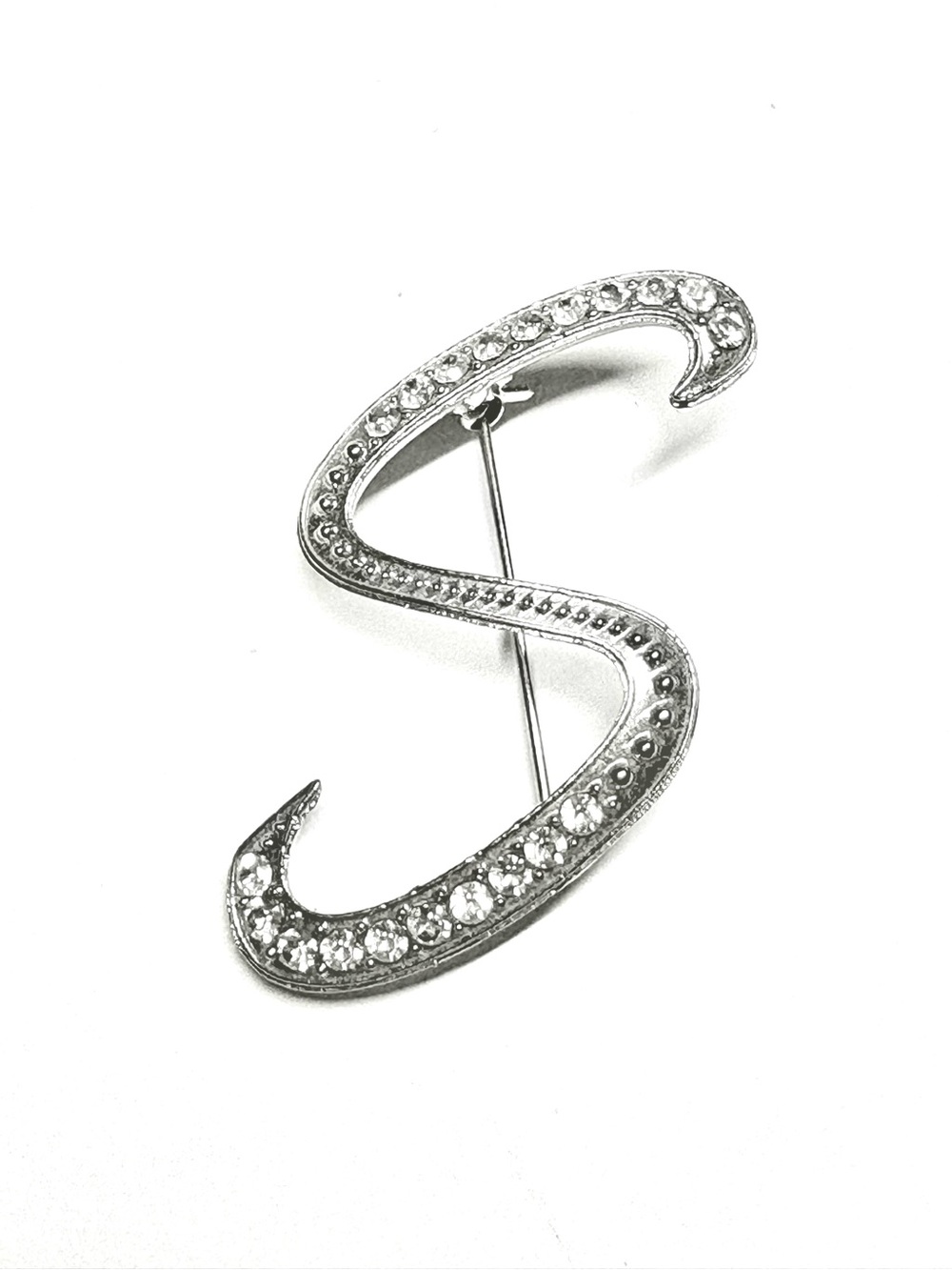 Vintage Silver Tone Letter S Clear Rhinestone Brooch Ladies Initial Lapel Pin